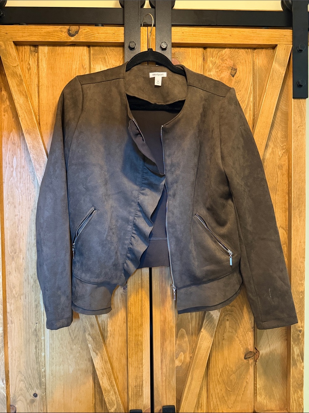 Westport Brown Suede Ruffle-Front Leather Jacket